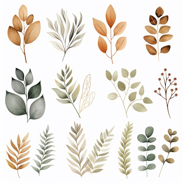 a close up of a bunch of different leaves on a white background generative ai