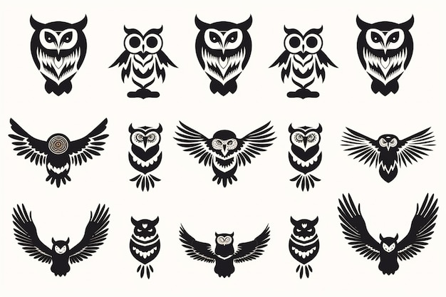 a close up of a bunch of different owls on a white background generative ai