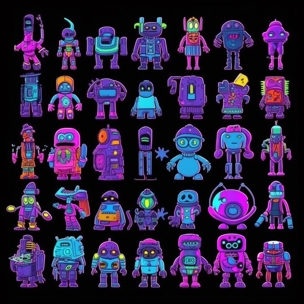 A close up of a bunch of different robots on a black background generative ai