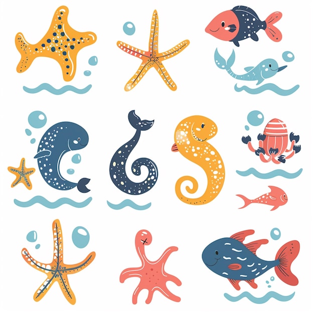 Photo a close up of a bunch of different sea animals on a white background generative ai