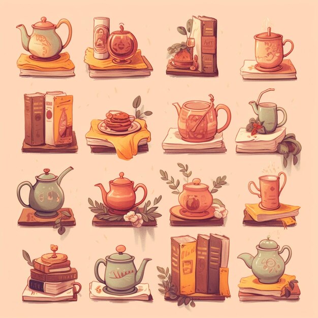 a close up of a bunch of different teapots and tea pots generative ai