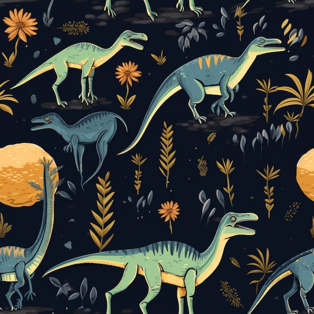 A close up of a bunch of dinosaurs in a field generative ai