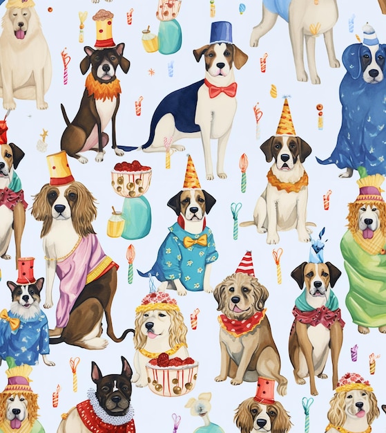 a close up of a bunch of dogs wearing birthday hats generative ai