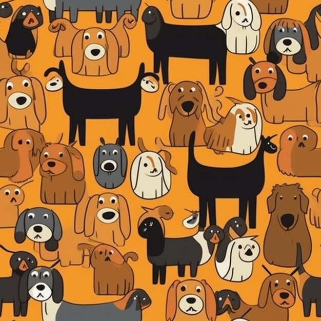 a close up of a bunch of dogs on a yellow background generative ai