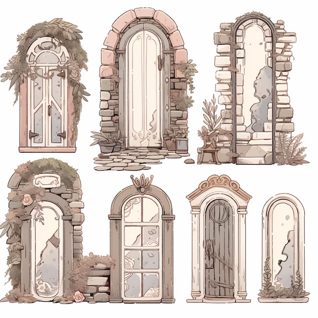 a close up of a bunch of doors with windows and plants generative ai