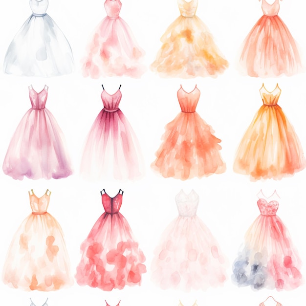 a close up of a bunch of dresses on a white background generative ai