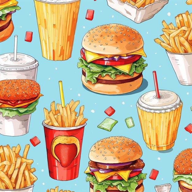 A close up of a bunch of fast food items on a blue background generative ai