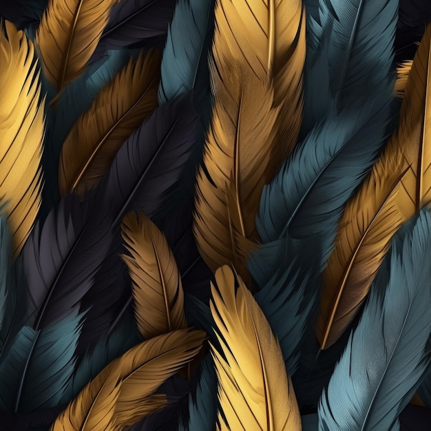 A close up of a bunch of feathers on a black background generative ai