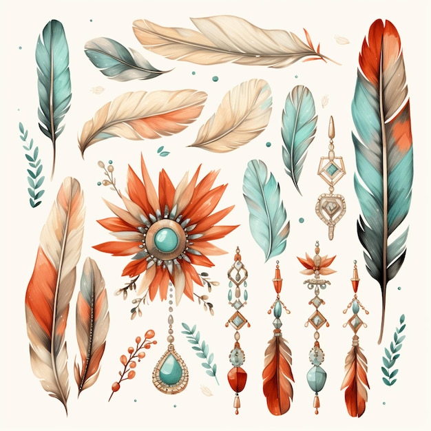 a close up of a bunch of feathers and other items generative ai