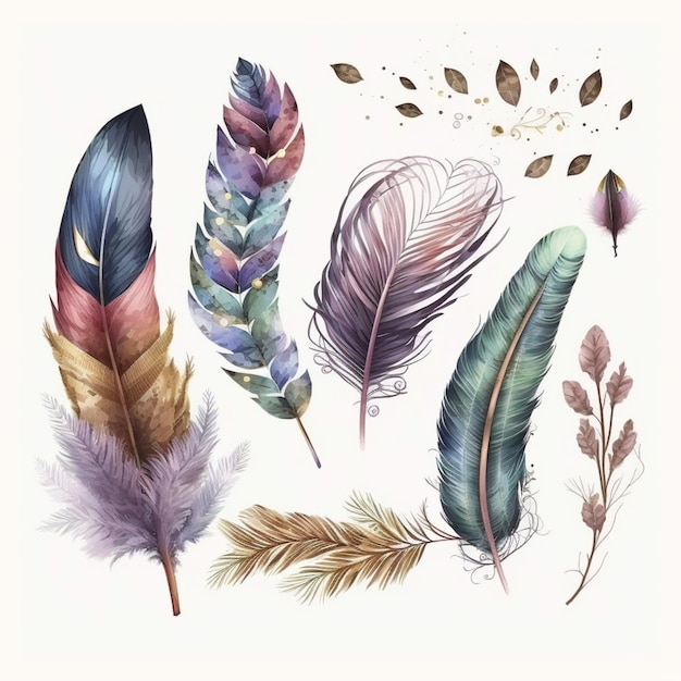 A close up of a bunch of feathers on a white background generative ai