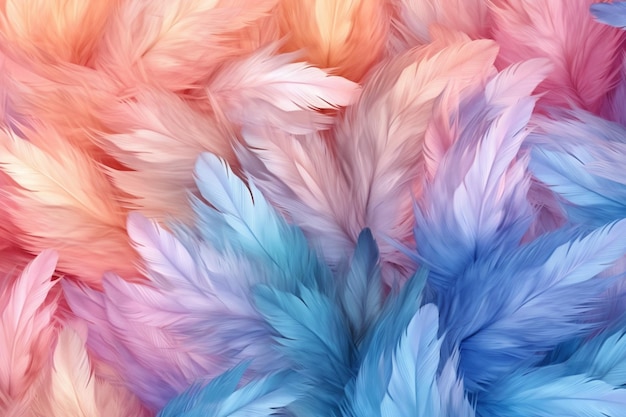 A close up of a bunch of feathers with a pink and blue background generative ai