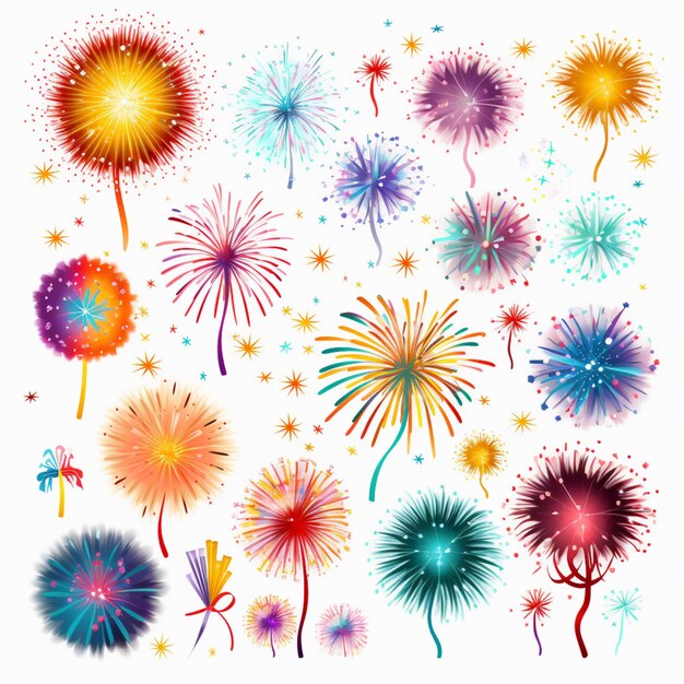 a close up of a bunch of fireworks on a white background generative ai