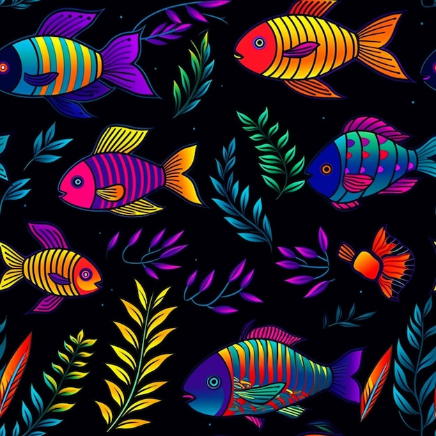 A close up of a bunch of fish on a black background generative ai