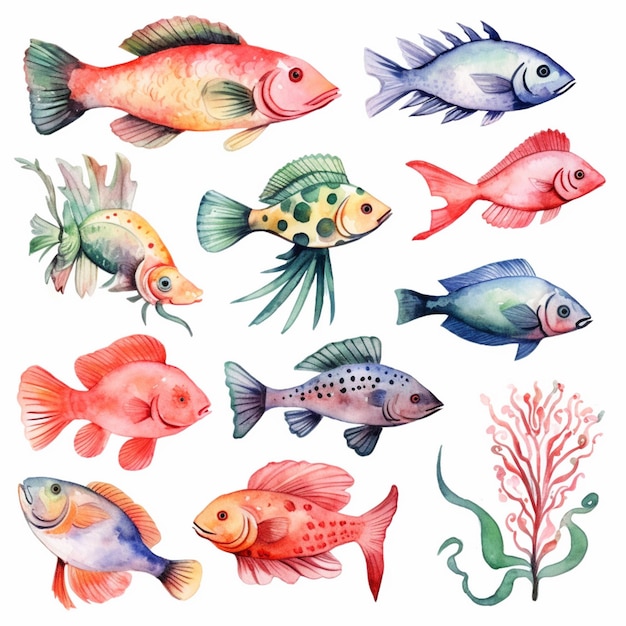 a close up of a bunch of fish on a white background generative ai