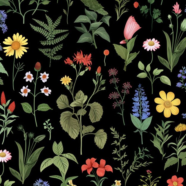 a close up of a bunch of flowers on a black background generative ai