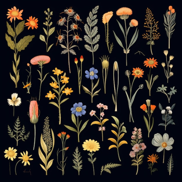 Photo a close up of a bunch of flowers on a black background generative ai