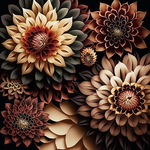 A close up of a bunch of flowers on a black background generative ai