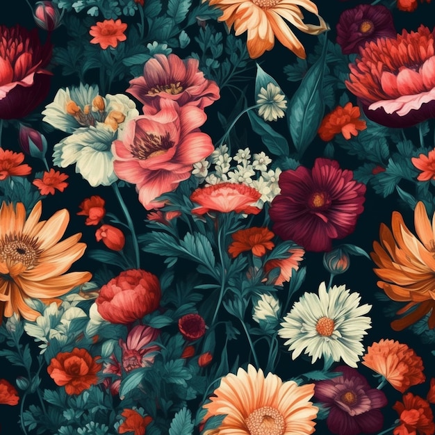 a close up of a bunch of flowers on a black background generative ai