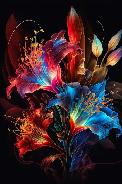 Close up of a bunch of flowers on a black background generative ai