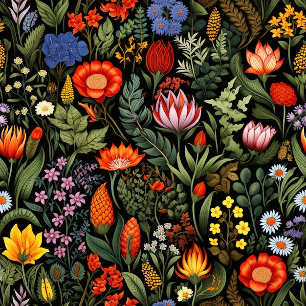 a close up of a bunch of flowers on a black background generative ai