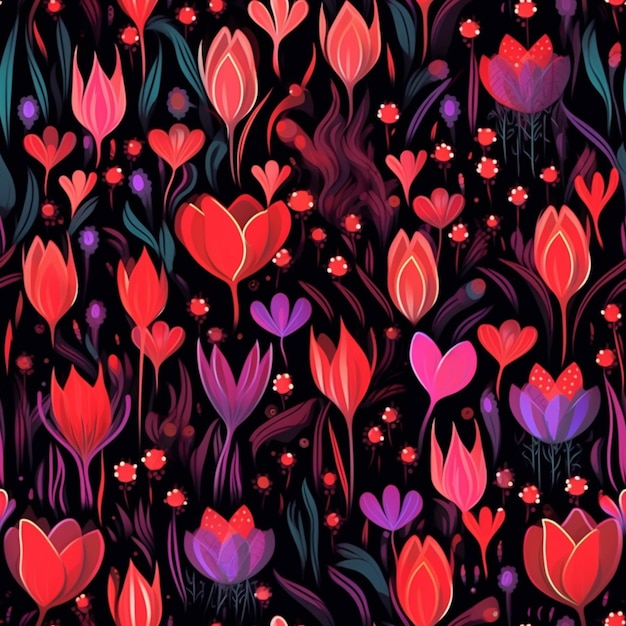 A close up of a bunch of flowers on a black background generative ai