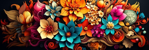 Close up of bunch of flowers on black background Generative AI