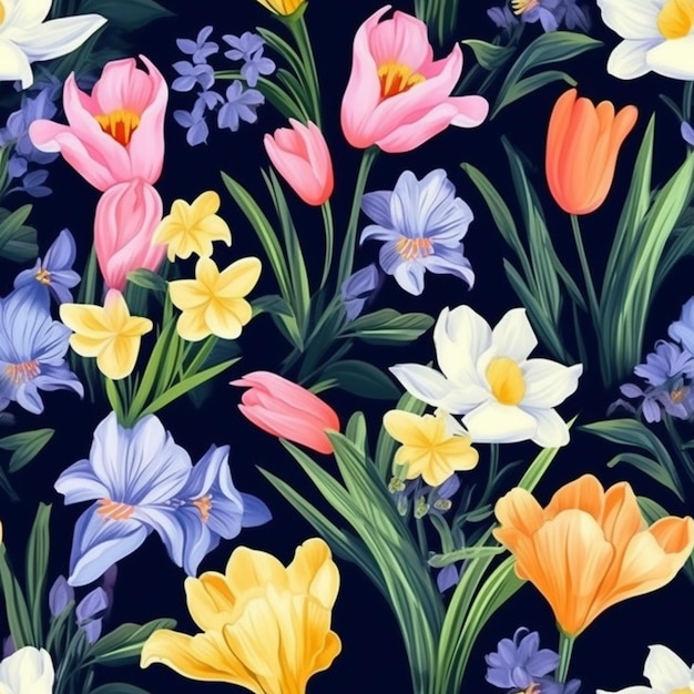 a close up of a bunch of flowers on a black background generative ai