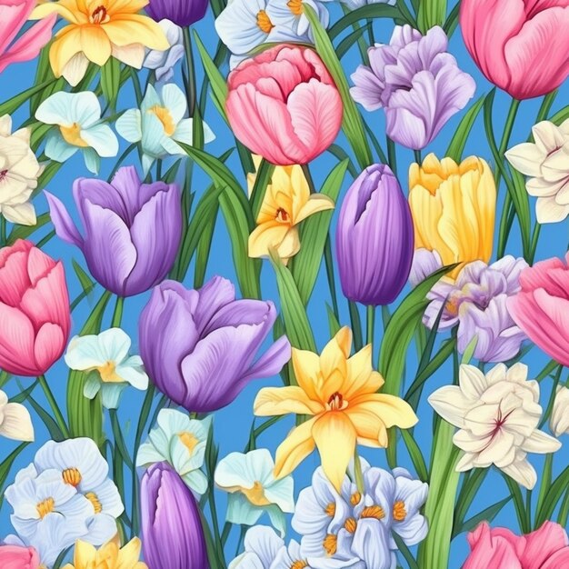 A close up of a bunch of flowers on a blue background generative ai