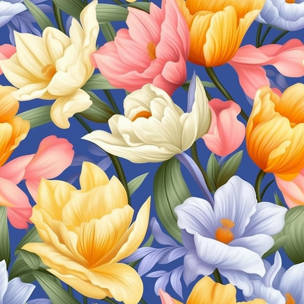 A close up of a bunch of flowers on a blue background generative ai