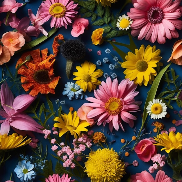 A close up of a bunch of flowers on a blue surface generative ai