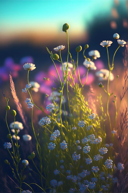 Close up of a bunch of flowers in a field generative ai