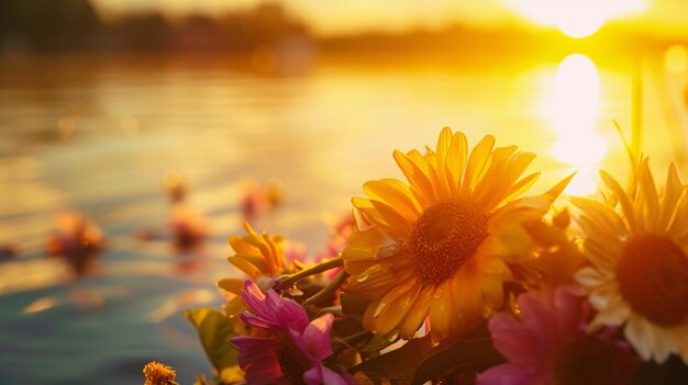 Photo a close up of a bunch of flowers near a body of water