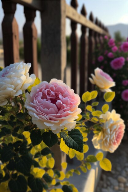 Photo close up of a bunch of flowers near a fence generative ai