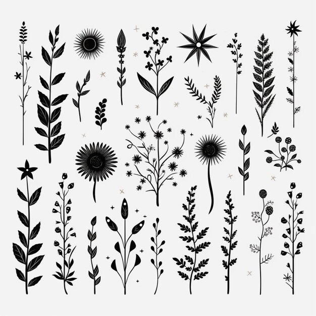 A close up of a bunch of flowers and plants on a white background generative ai