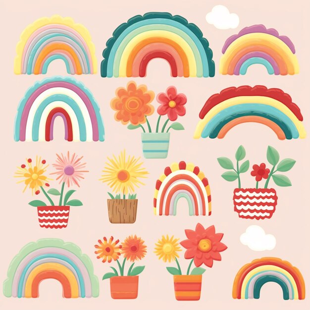 Photo a close up of a bunch of flowers and rainbows generative ai