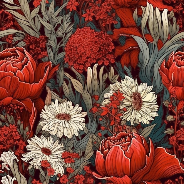 A close up of a bunch of flowers on a red background generative ai