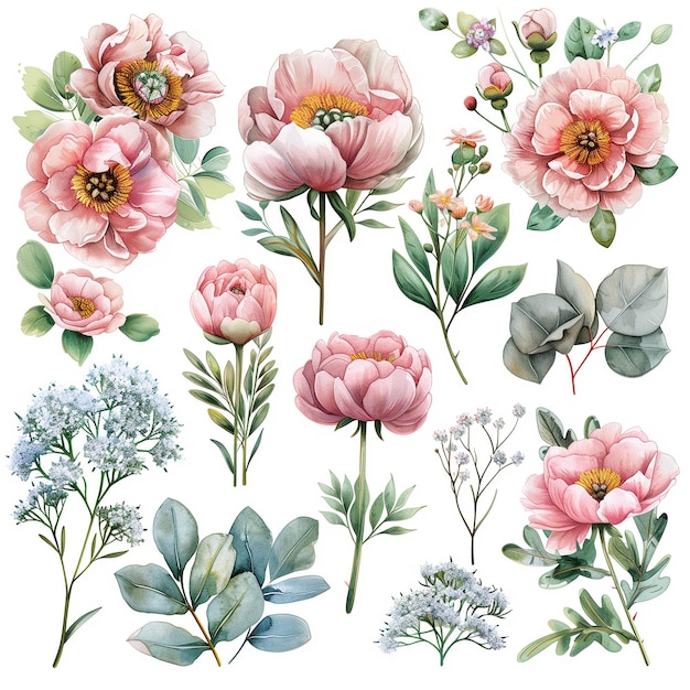 a close up of a bunch of flowers on a white background generative ai