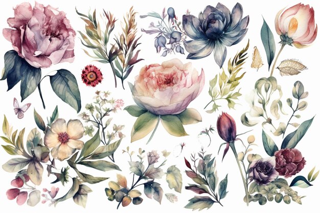 a close up of a bunch of flowers on a white background generative ai