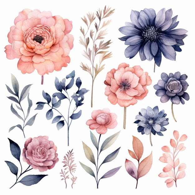 A close up of a bunch of flowers on a white background generative ai