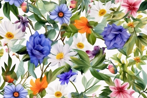 A close up of a bunch of flowers on a white background generative ai