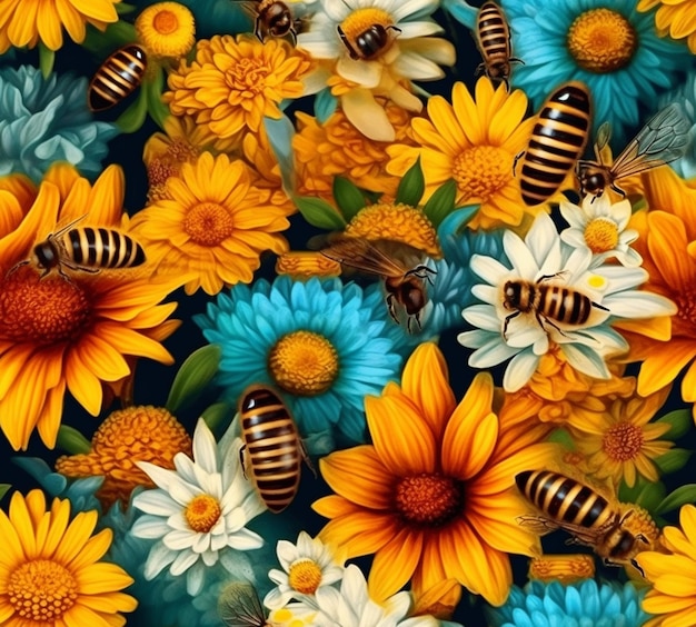 a close up of a bunch of flowers with bees on them generative ai