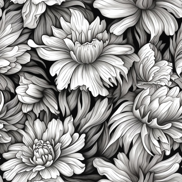 A close up of a bunch of flowers with black and white colors generative ai