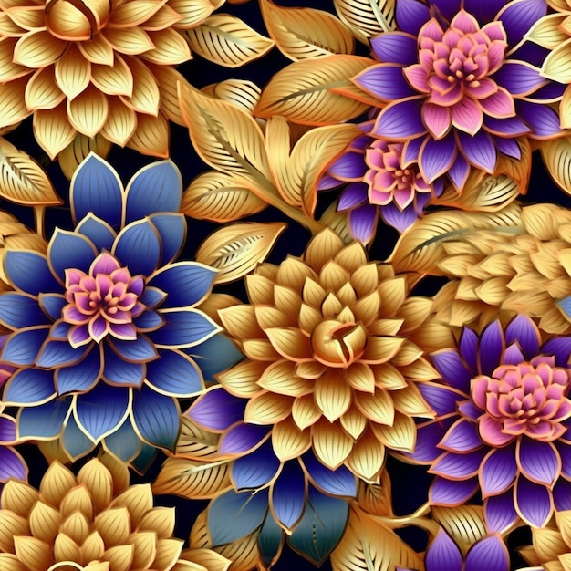 A close up of a bunch of flowers with gold leaves generative ai
