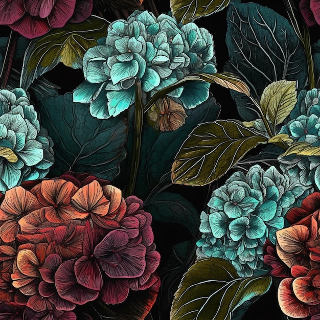a close up of a bunch of flowers with leaves on a black background generative ai