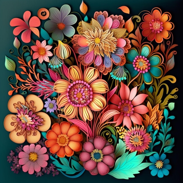 A close up of a bunch of flowers with leaves and flowers generative ai