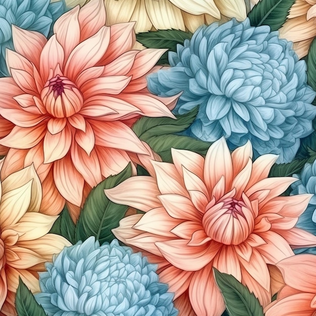 A close up of a bunch of flowers with leaves on them generative ai