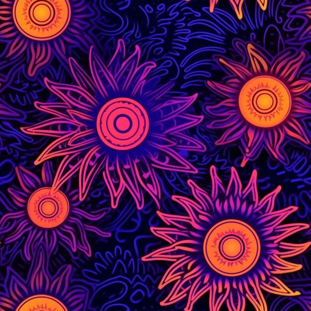 a close up of a bunch of flowers with neon lights generative ai