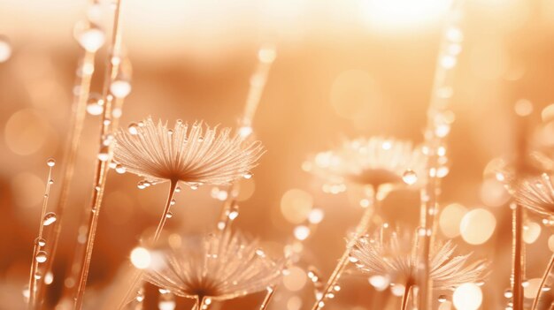 A close up of a bunch of flowers with water droplets peach fuzz trendy color of the year 2024