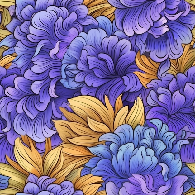 a close up of a bunch of flowers with yellow and blue petals generative ai