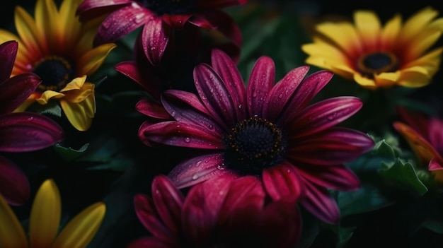 A close up of a bunch of flowers with a yellow flower in the middle